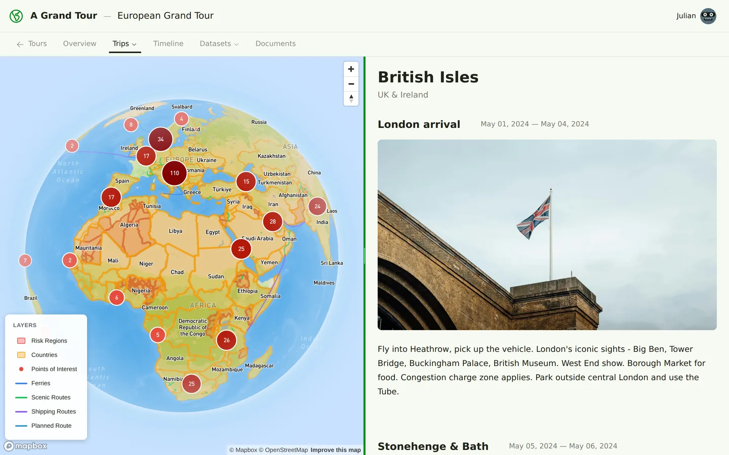 Itinerary items alongside the route map