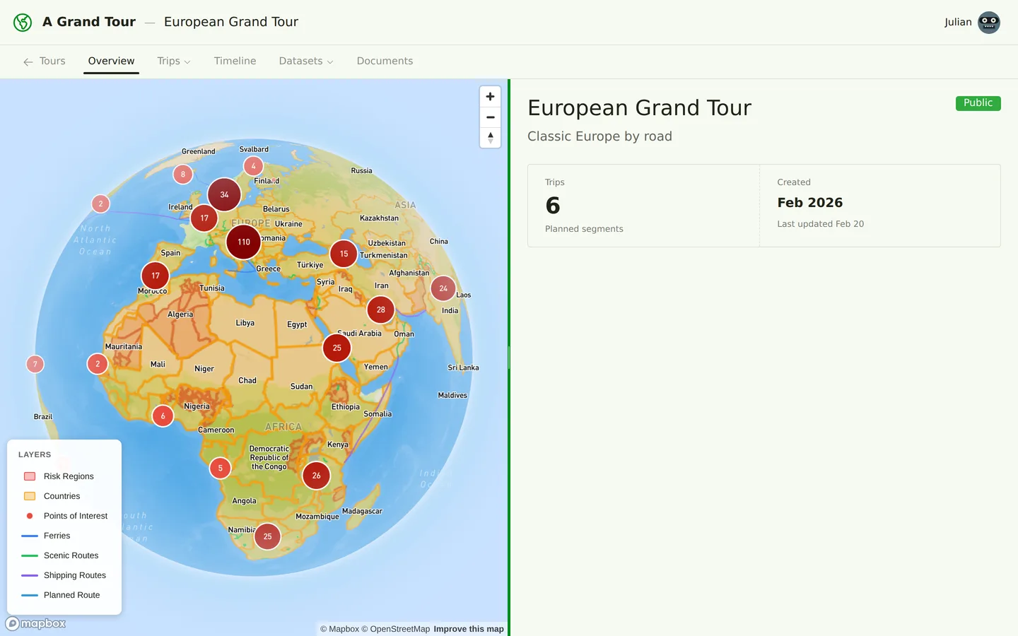 Interactive 3D globe with layer controls